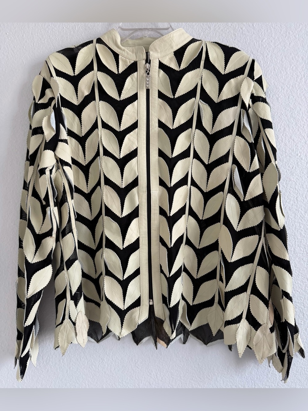 Vintage Leather Leaf Appliqué Mesh Jacket